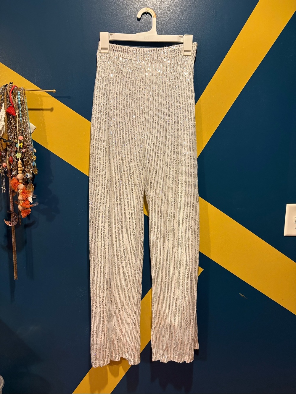 Amazon White & Silver Sequin Wide Leg Pants NWOT